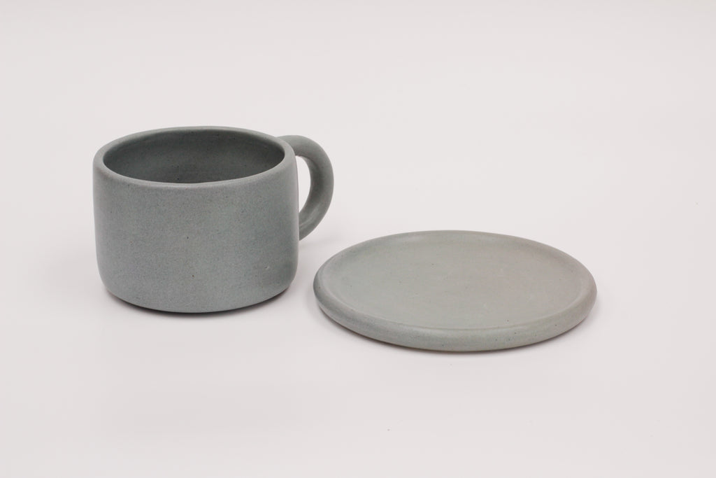 steel blue mug and side plate / saucer set