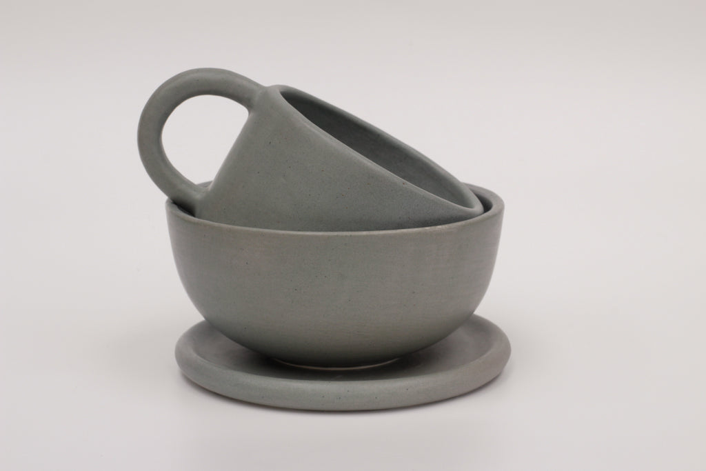 steel blue mug and side plate / saucer set
