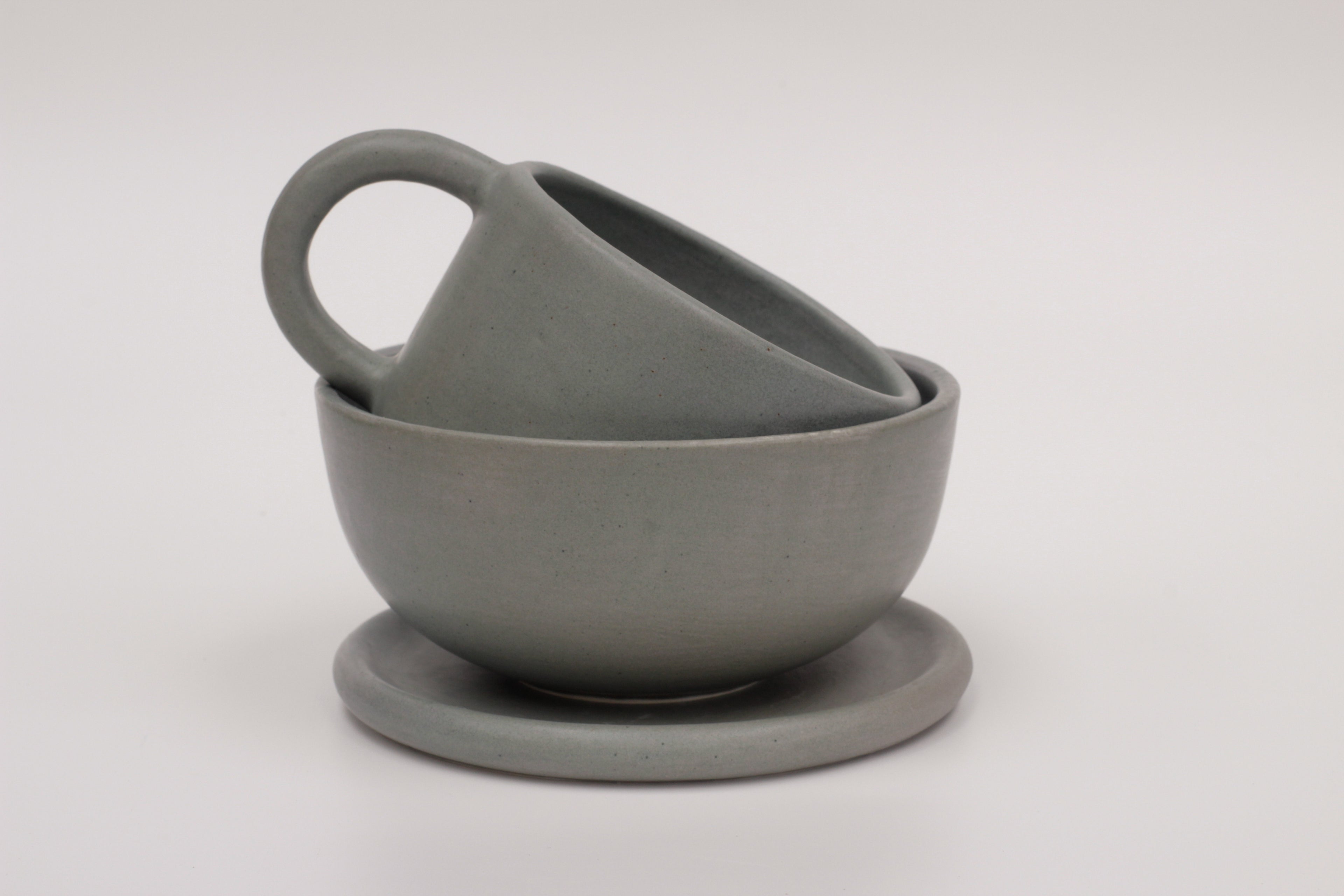 steel blue mug and side plate / saucer set